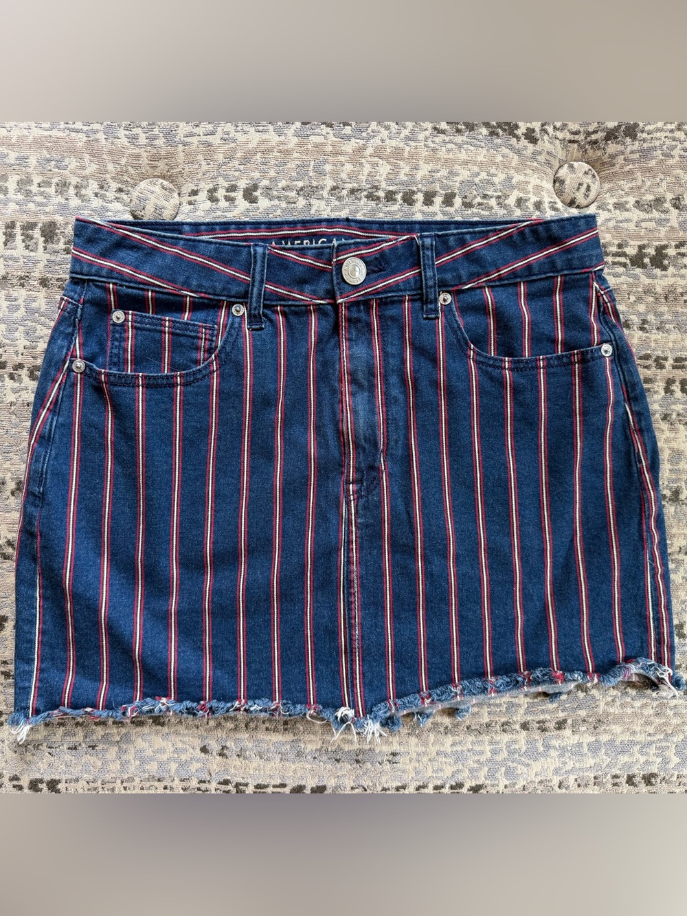 American Eagle Outfitters Navy Denim Mini Skirt with Red Stripes